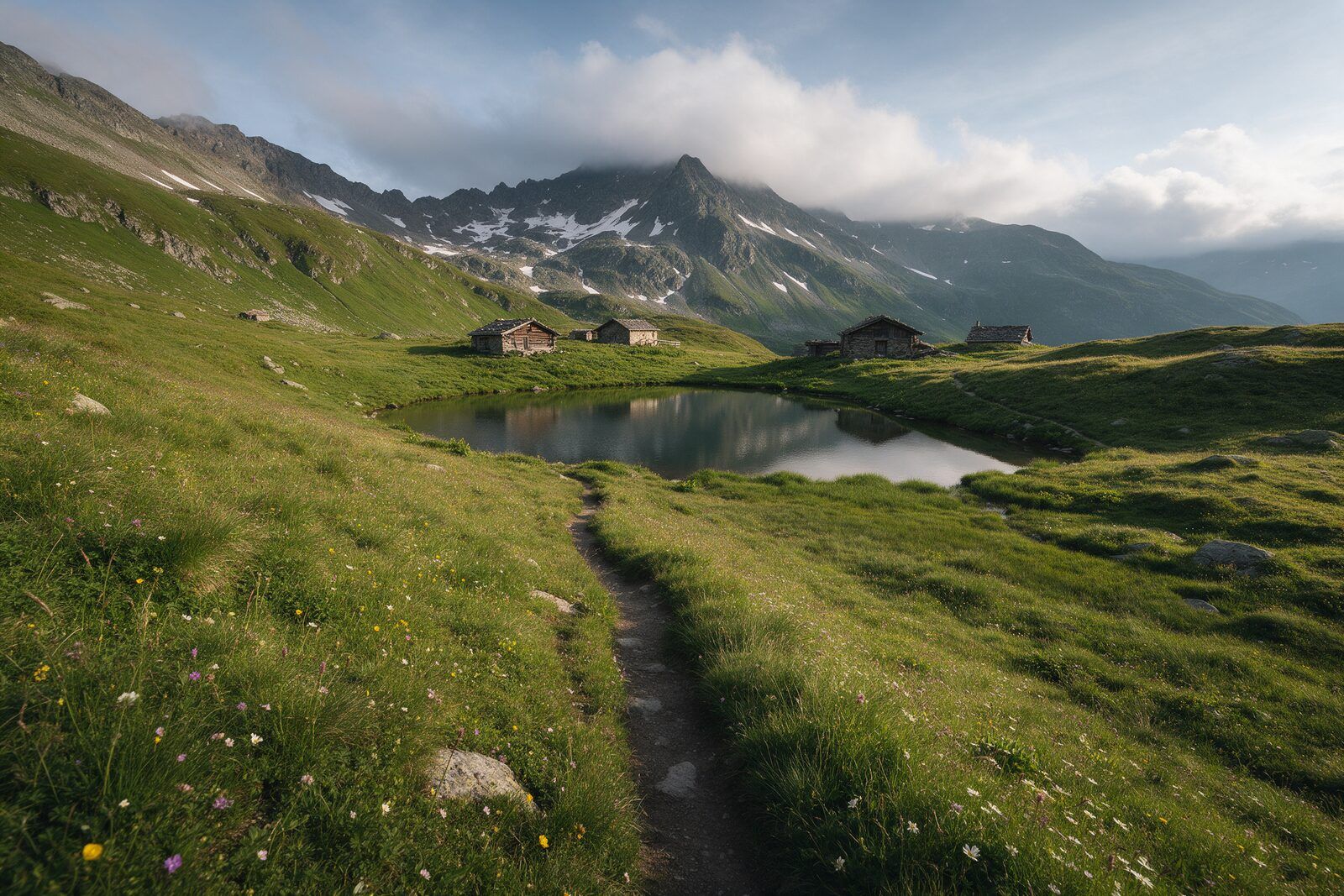 Kayalık zirvelere doğru çiçekli yayla çayırından geçen patika ve küçük buzul gölü